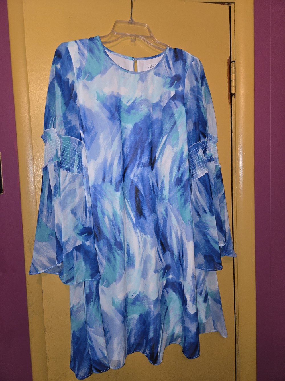 Calvin Klein Women Blue Watercolor Brush Stroke Jersey Bell Sleeve Dress